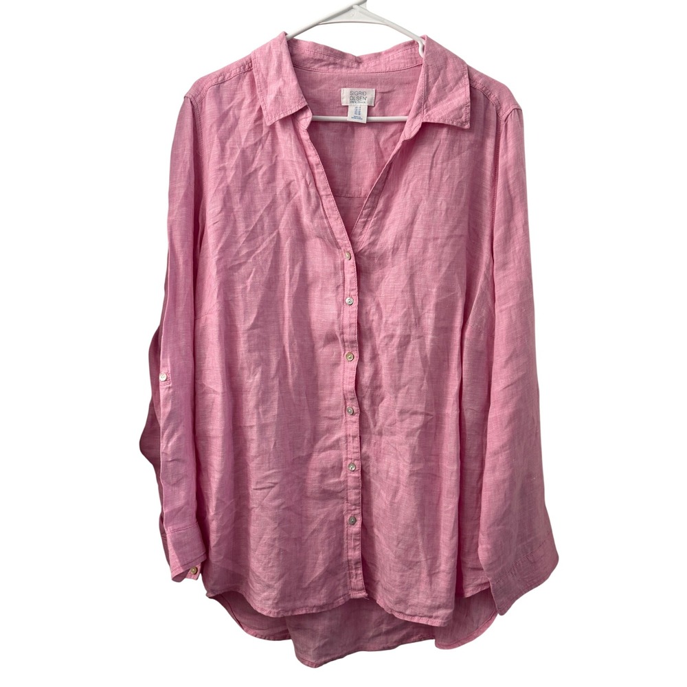 Sigrid Olsen Womens 1X Pink 100% Linen Roll Tab Sleeve Button Down Tunic Shirt